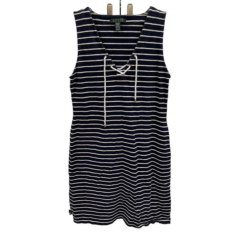 RALPH‎ LAUREN Navy White Striped Lace Up Tank Dress Women's M SI42